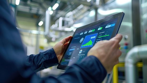 Digitale Analyse von Energieeffizienz in Industrieanlagen Person analysiert Energieverbrauch und Effizienzkennzahlen auf einem Tablet in einer Industrieumgebung