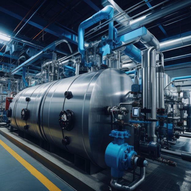 Große Druck- und Dampfanlage in einer Produktionshalle. Große Druck- und Dampfanlage in einer Produktionshalle.
