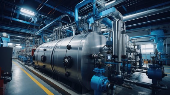 Große Druck- und Dampfanlage in einer Produktionshalle.