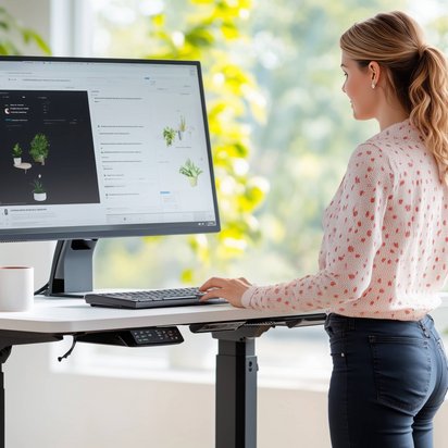 Frau arbeitet an einem Stehschreibtisch als Maßnahme für betriebliches Gesundheitsmanagement (BGM) durch den TÜV NORD.