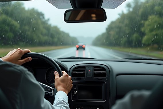 Ärztliche Gutachten für die Fahrerlaubnis bei TÜV NORD Blick aus dem Auto auf regennasse Straße, Fahrer hält das Lenkrad mit beiden Händen