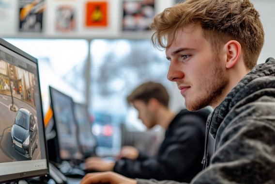 Theory test Fahrschüler beantwortet theoretische Führerschein-Fragen am PC